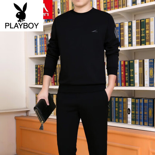 Playboy (PLAYBOY) men's casual sports fashion suit spring and autumn new pullover cotton sweatshirt round neck long-sleeved shirt 677 (black) XL (recommended 120-140 Jin Jin equals 0.5 kg)