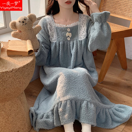 一夜一梦 珊瑚绒睡裙女长袖冬天加厚加绒甜美公主风秋冬款保暖法兰绒睡衣 691-2（绿色） M