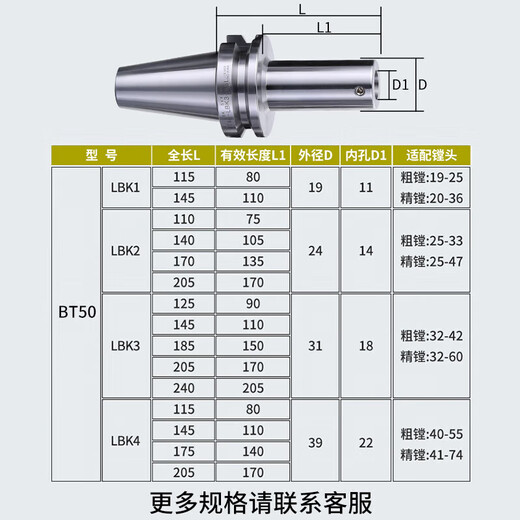 
Jingxinda LBK boring head connection handle BT50-LBK-100/700L boring handle LBK1/K2/K3/K4/K5/K6 BT50LBK1105 inner hole diameter 11 outer diameter 19 length