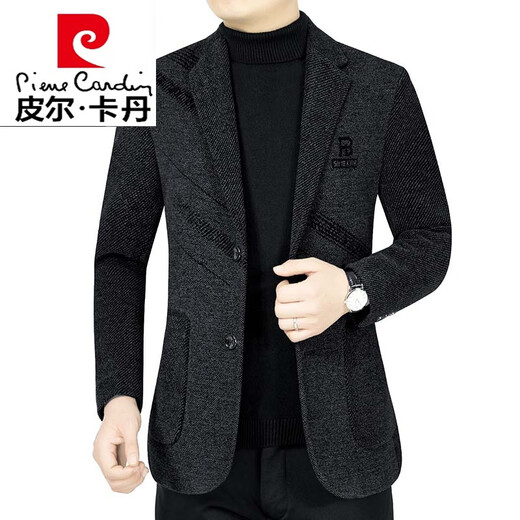 皮尔卡丹（pierre cardin）休闲中年男士西服羊毛呢子外套修身小西装春秋季新款男装针织 黑色 170/M(90-110斤)