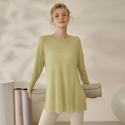 LULUUVTTOH loose sports top women's breathable running Pilates training fitness cover-up long hip-covering yoga wear long-sleeved khaki brown L/XL