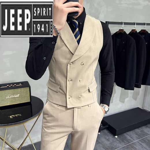 JEEP SPIRIT herringbone suit vest suit men's casual business formal elastic vest British handsome work clothes gray single vest + bow tie M 48