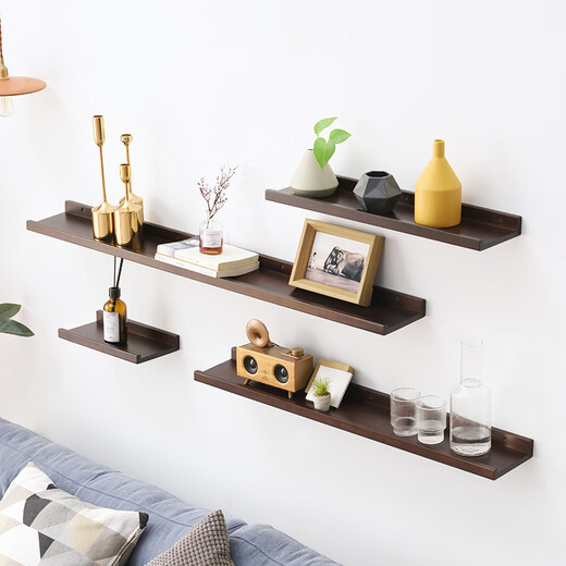 Aibiju solid wood partition wall storage rack wall punch-free one-word shelf storage rack 60*10CM walnut color