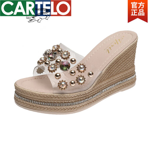 CARTELO brand internet celebrity slippers lazy people wear 2025 sandals rhinestones summer sponge cake heels high heels thick-soled women's sandals off-white - fat feet shot one size 35