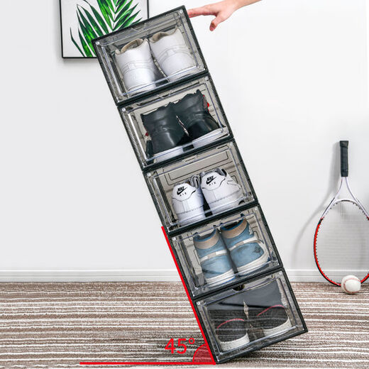 Meikejie magnetic hard plastic transparent drawer-type shoe box shoe storage box dormitory artifact space-saving shoe rack shoe cabinet separate transparent black four pack (free combination of independent shoe boxes) side door large magnetic suction 46 size high-top shoes