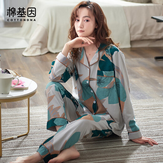 Cotton gene pure cotton women pajamas women spring and autumn lapel cardigan long sleeve trousers exquisite printed home clothes set