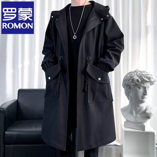罗蒙（ROMON）风衣外套男中长款春秋季高级感大衣2024新款冬季休闲男装男士衣服 加厚 F174黑色【加棉】 2XL 170-190斤
