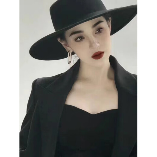 Pearl Diary设计师法式复古仿羊毛呢大檐礼帽女秋冬造型赫本风平顶 黑色10厘米帽檐礼帽 帽围(55-58)可调节