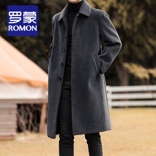 ROMON Woolen Coat Men's Winter Mid-Length Over-the-Knee Woolen Windbreaker Korean Style Trendy Thickened Lapel Winter Jacket Men Gray 2XL/185 Size