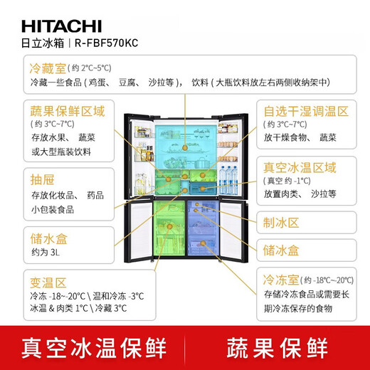 Hitachi (HITACHI) 573L cross-door refrigerator imported large capacity classic vacuum preservation automatic ice making magic temperature changing rapid refrigeration crystal black 570KC national subsidy