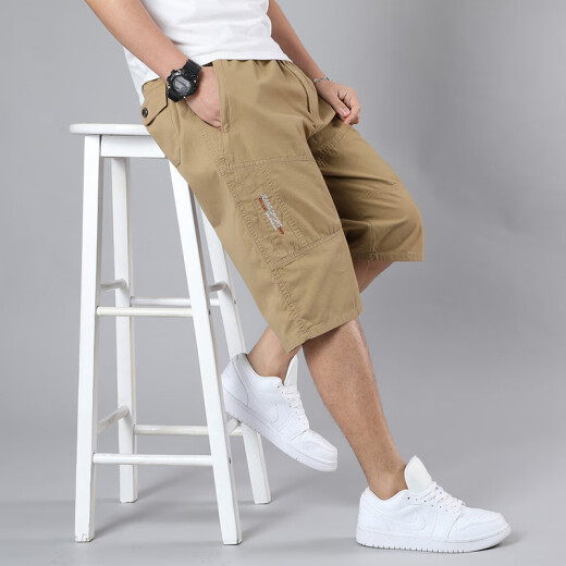 PuTUO (PUTUO) middle-aged cropped pants men loose large size dad outfit wearing summer pure cotton casual mid-sized pants middle-aged and elderly shorts 863 earthy yellow XL 120-135Jin [Jin equals 0.5 kg]