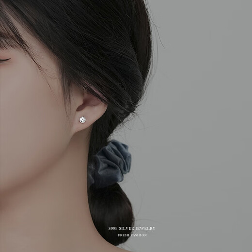 Dingjing 4 pairs pack 999 pure silver zircon earrings for women screw-buckle ear bone nails simple ear piercing birthday gift for girls to give to girlfriend and wife ear jewelry