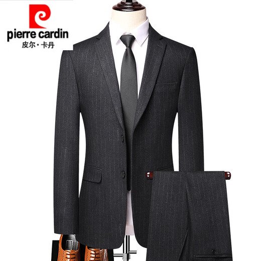 Pierre Cardin high-end men's wool suit striped no-iron suit dress slim business casual middle-aged men's suit thick black and gray striped suit M