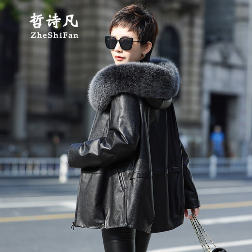 Zhe Shifan Removable Genuine Leather Down Jacket Women's Medium Long Jacket Haining Sheep Leather Jacket Fox Fur Collar Fur 2025 Winter New Black 2XL 135Jin Jin equals 0.5kg --145Jin Jin equals 0.5kg