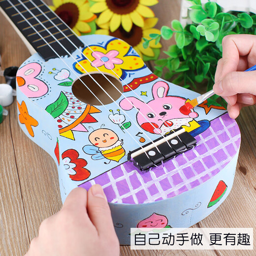 MAUREEN Ukulele ensamblado Diy Guitarra pequeña Material casero Handmade Bag Pintado Graffiti de madera pintado a mano 21 pulgadas Amor + Pigmento + Mochila *