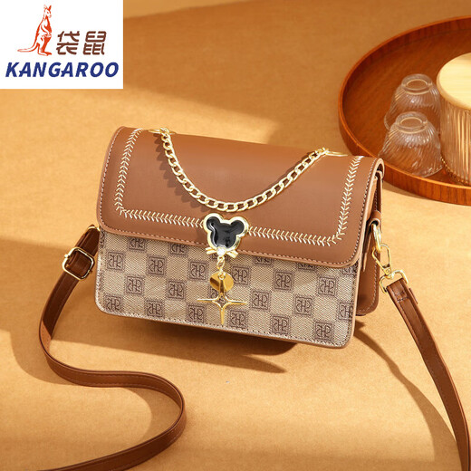 袋鼠（KANGAROO）斜挎包包女2025夏季新款小方包高级感生日礼物包包百搭单肩包女包 棋盘格-咖啡拼卡其