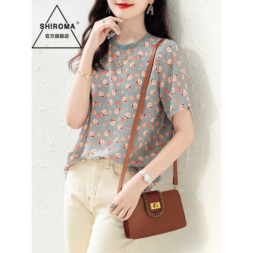 SHIROMA Summer T-shirt Women's Round Neck Printed Short Summer Wear New Year's New Floral Style Top Small Shirt Trendy Blue XL