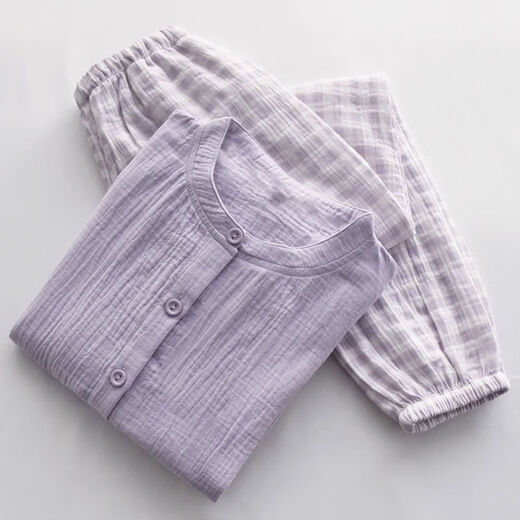 Langsha Gaze -Pyjamas für Frauen im Frühjahr und Herbst Sommer Reine Baumwolle Langarm Hosen Lose dünne Kragen ohne Kragenklimaanlagen Home -Kleidungsstück Y2601 Pink Round Neck Langarm M (80100jin [Jin gleich 0,5 kg]))