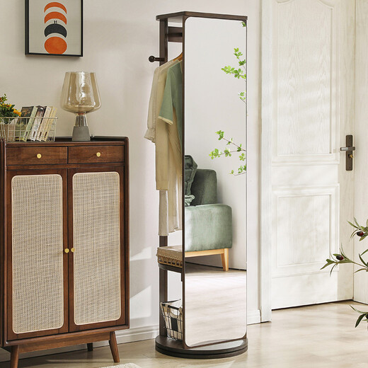 JIAYI multifunctional rotating dressing mirror solid wood full-length mirror fitting mirror floor-standing mirror with clothes hanger for home use upgraded rotating style frameless walnut color