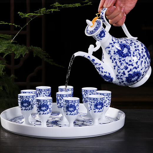 Xihe Yinyao Xihetang Jingdezhen Ceramic Wine Set Liquor Goblet Spirit Cup Blue and White Flask Set Wine Cup Moshanshui Style (1 Pot, 10 Cups, 1 Tray)