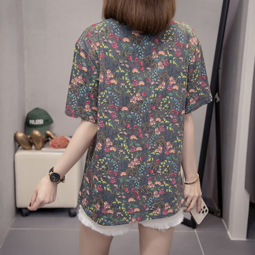 雪凡茜（XUEFANXI）2025夏天季新款花卉碎花短袖t恤女装宽松半袖体恤棉衣上衣服9731 灰色 XL 建议115-135斤