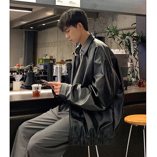 OEMG American motorcycle PU leather jacket for men and women in spring, autumn and winter handsome high street trendy loose couple jacket tops black regular style XL recommended 125-140 Jin Jin equals 0.5 kg