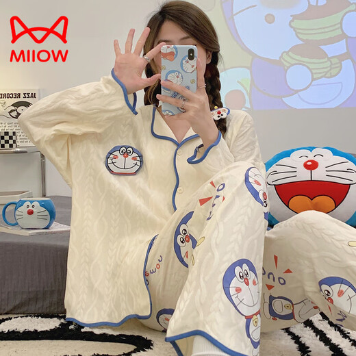 Cat Man (MiiOW) pure cotton pajamas for women in spring and autumn new long-sleeved trousers loose cardigan sweet cartoon cute home clothing set 9214 L [recommended 100-120Jin [Jin equals 0.5 kg]]