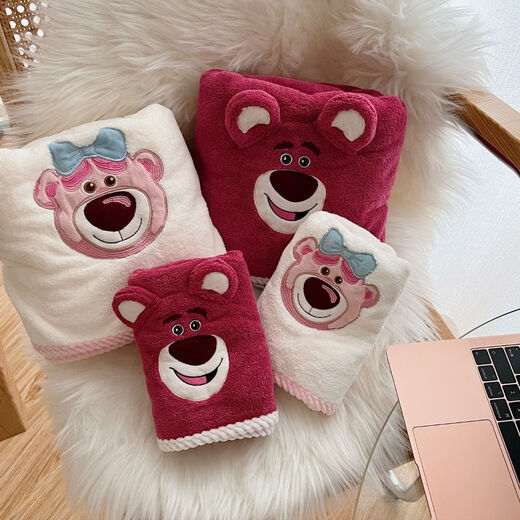 Porphyry Oak Strawberry Bear Bath Towel Cute Girl Heart Ins Soft Absorbent Quick-drying Bath Towel Can Be Wrapped In Thick Couple Face Towel White + Pink Bath Towel + Towel Couple Girlfriend 7