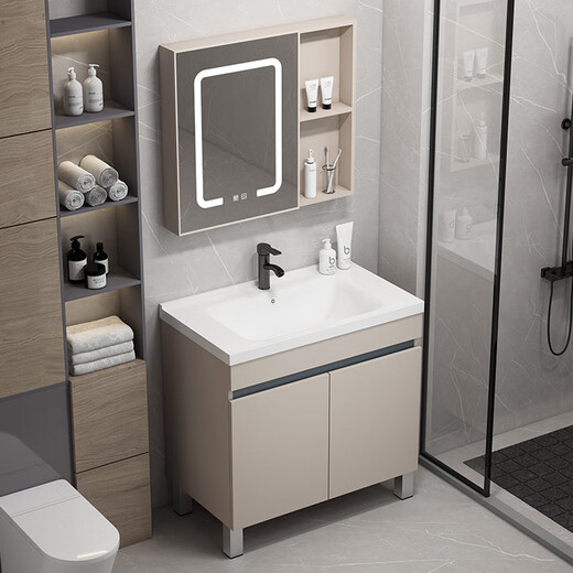 Dafify Honeycomb Aluminium Badezimmerschrank Keramik integriertes Badezimmer Waschbeckenschrank Kombination bodenhörigem Waschbecken Balkon Waschbecken Pool F828 Milch Kaffeetür plus halbem Spiegelschrank 60 cm