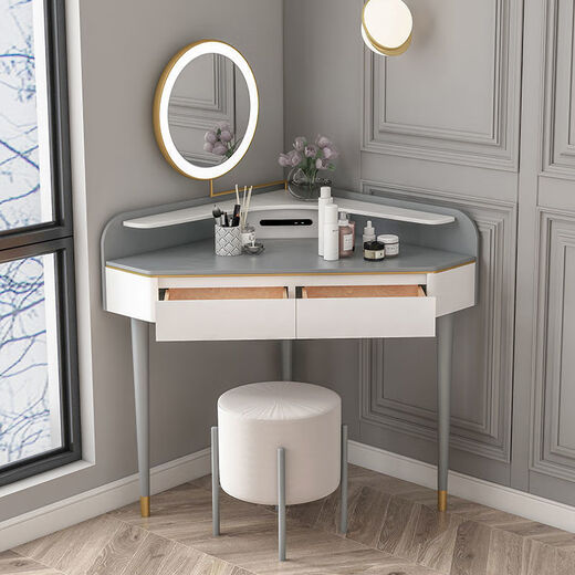 First painted corner dressing table integrated cabinet bedroom light luxury triangle dressing table dressing table led light small apartment storage furniture 0.6 meters dressing table (free makeup stool)