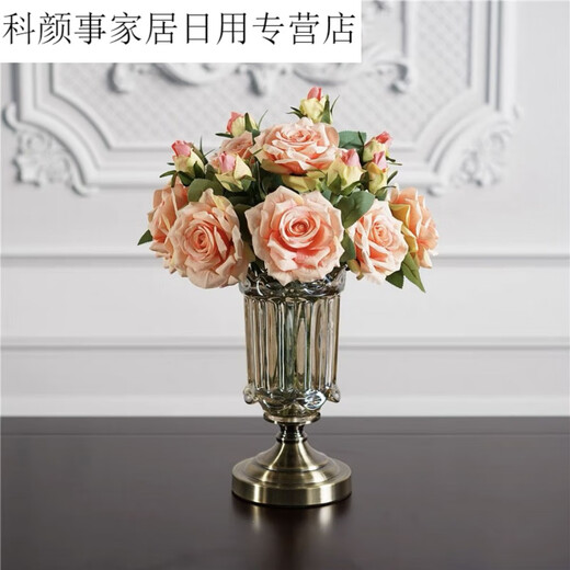 Jumujia European classical light luxury glass vase ornaments living room flower arrangement dining table retro home decoration copper base small + Venetian pink rose