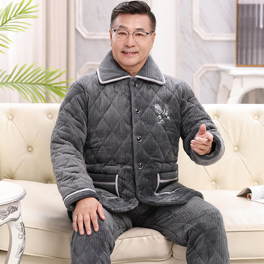 
Xuanduoqi pajamas men in winter thickened coral velvet three-layer cotton flannel dad middle-aged and elderly home clothes set C9901# black gray men [milk velvet] XXXL (165-200Jin [Jin equals 0.5 kg]) three-layer thickened