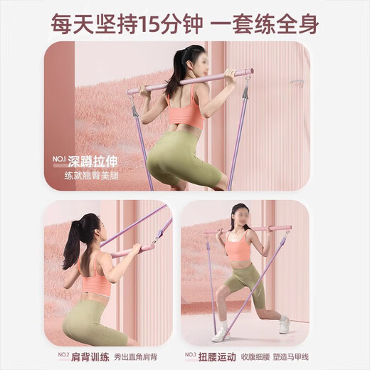 Xulin German tension rope fitness open back elastic belt door tensioner open shoulder training back and chest artifact home fitness equipment entry-level Pilates bar 11-piece set upgraded anti-breakage 80 pounds simulation fitness 75 strength