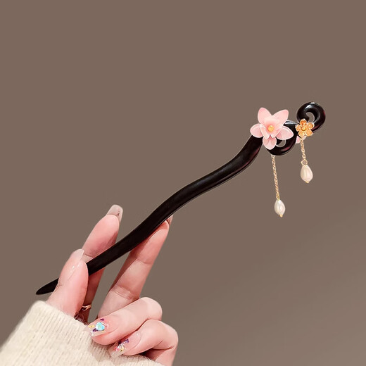 Romantic cherry blossom hairpin for women, high-end antique style step-shaping tassel wooden hairpin, simple hairpin, Hanfu hairpin, pink flower tassel-wooden hairpin