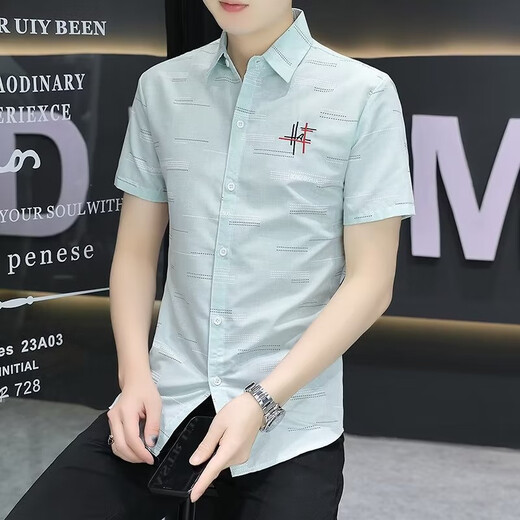 唐号夏季衬衫男短袖印花休闲帅气韩版修身潮流百搭男装衬衣半袖衬衫男 826蓝色 3XL