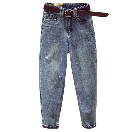 Jeans de Fanqu para pantalones de nueve puntos para mujeres para pantalones de zanahoria desgarrados de verano tubos de humo suelto retro con patas rectas de patas rectas azul 826 L Recomendado 110-120Jin [Jin equivale a 0,5 kg]