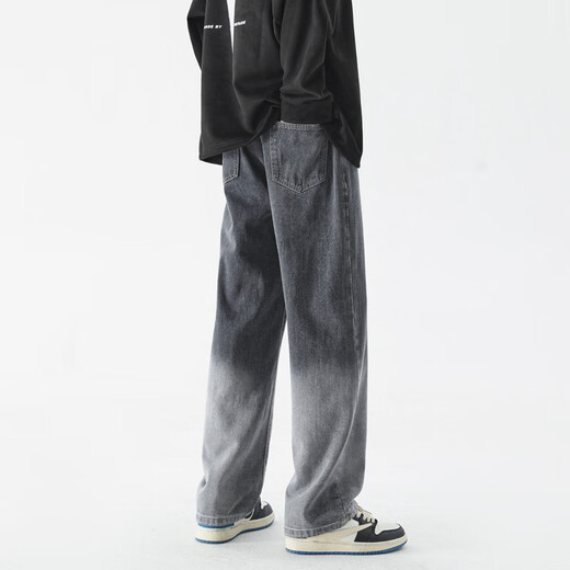 Foss Phil Jeans Summer Hole Loose Work American pantalones Trendy Brand High Street Retro de pierna ancha Men SS-5009 Black Grey XL (recomendado 130-150jin [Jin equivale a 0.5 kg])