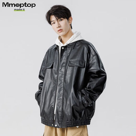 MMOPTOP American Lapel PU Leather Jacket Men's Spring and Autumn Flying Staff Jacket 6073 Agate Black 3XL