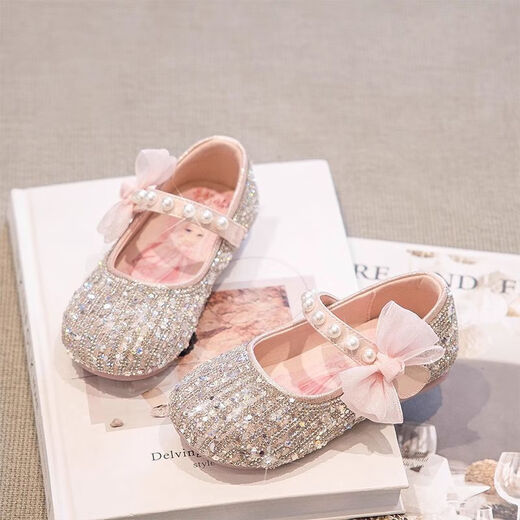 G.duck Girls Princess Shoes Spring Crystal Shoes Girls Shoes 2024 New Spring and Summer Soft Soled Single Shoes Girls Small Leather Shoes Beige Size 16.5 Inner Length 6.1