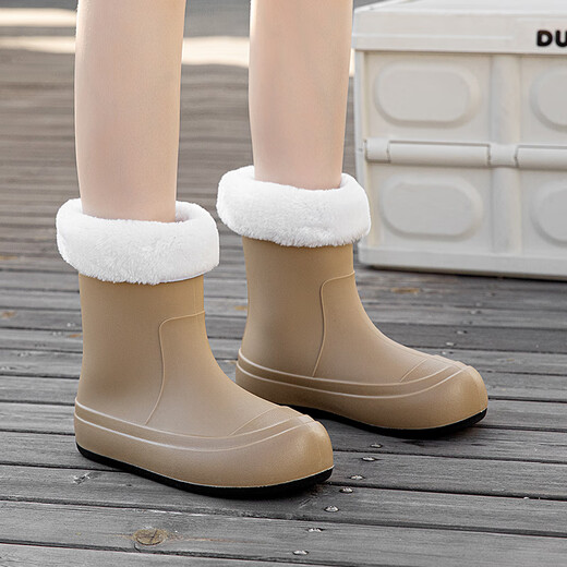 Xili Internet celebrity fashion rain boots for women new mid-tube waterproof shoes plus velvet non-slip soft sole rain boots for adults lightweight rubber shoes Khaki 38 37-38 size