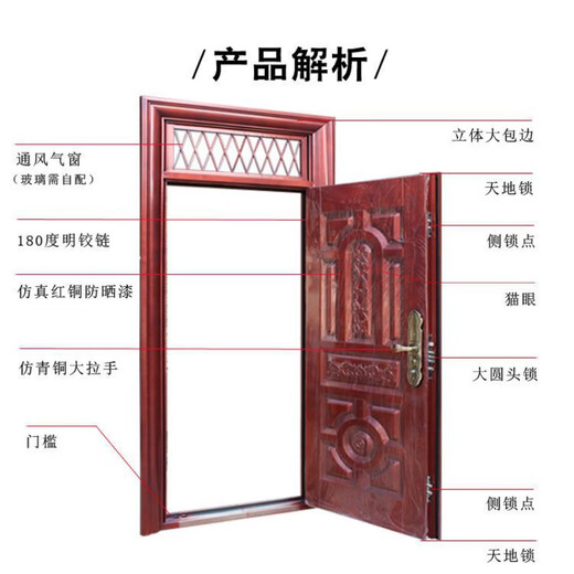 Противоугонная дверь Qinkai с имитацией меди, защитная дверь с фрамугой, вентиляция, входная дверь, стальная дверь, бытовая дверь, красная дверь, бытовая противоугонная дверь, выходная дверь 380/квадрат