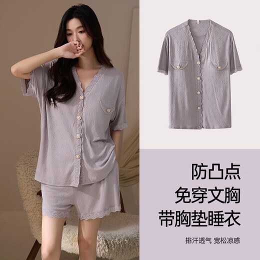 
Catman MIIOW summer women's pajamas short-sleeved shorts cardigan V-neck jacquard viscose cotton soft skin-friendly loose women's home clothing set 10YXF3527 XL
