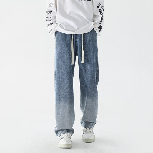 Foss Phil Jeans Summer Hole Loose Work American pantalones Trendy Brand High Street Retro de pierna ancha Men SS-5009 Black Grey XL (recomendado 130-150jin [Jin equivale a 0.5 kg])
