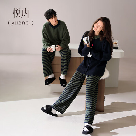Yuenei Half Velvet Couple Pajamas Women's Autumn and Winter Coral Velvet Plus Velvet Warm Home Clothes Winter Men's Suit 34248 Dark Green Men's L (Male 110-140 Jin Jin equals 0.5 kg / Female 110-120 Jin Jin equals 0.5 kg)