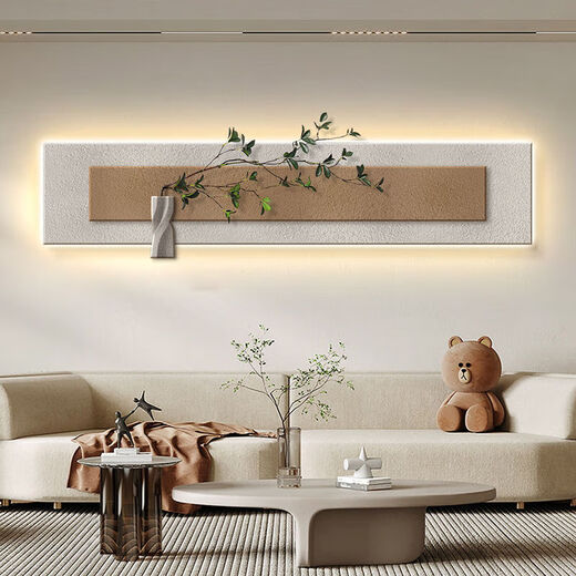 沙发背景墙挂画2024新款免打孔客厅装饰画感砂岩画侘寂风现 13962普通款不发光+仿真绿植 240*55实物精雕+多层立体砂岩