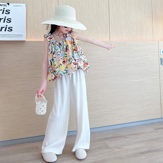 Baleinna girls suit summer suit 2025 new children's internet celebrity fashionable suspenders girls big children's pants little girls clothes summer style floral suspenders + white pants 150cm