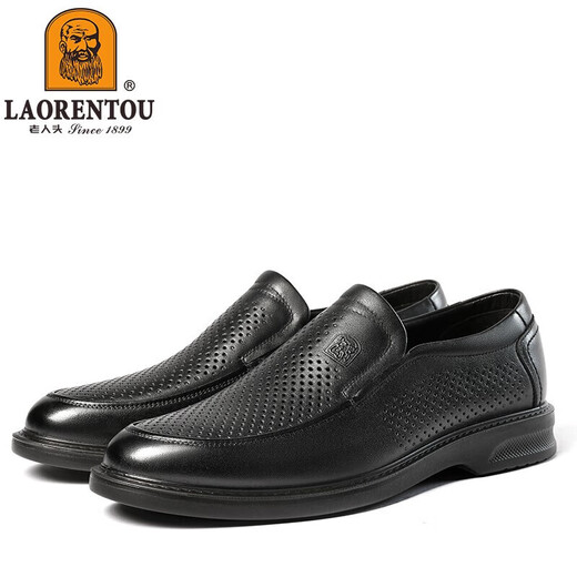 老人头（LAORENTOU）男皮鞋夏季镂空休闲鞋头层牛皮套脚鞋透气打孔鞋 LL12027 黑 42 