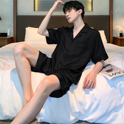 Meng Laiting Pajamas de seda de hielo Hombres verano imitación de manga corta seda negra delgada de verano de verano