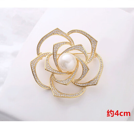 QUAMER2024 Camellia Small Fragrance Brooch French Full Diamond Zirconia Creative Hollow Corsage West Gold