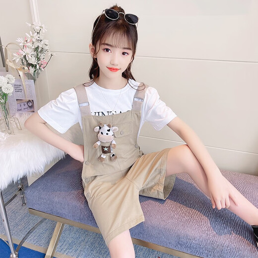 小咕嘟熊童装女童套装夏装中大儿童装休闲短袖两件套小女孩衣服背带裤服装 粉色 160